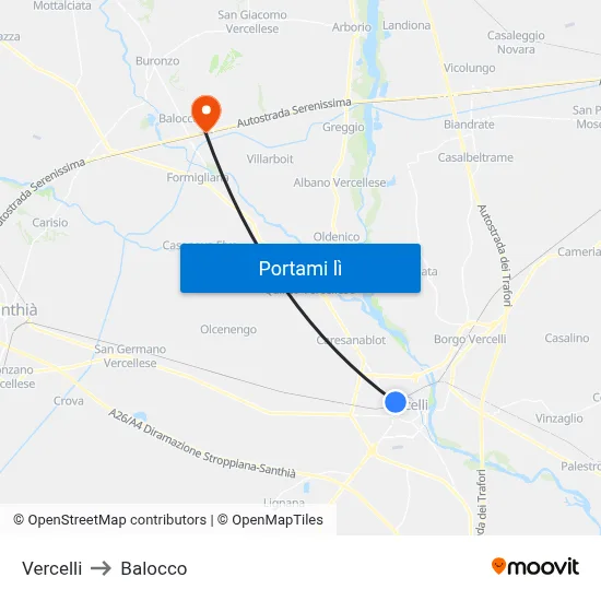 Vercelli to Balocco map