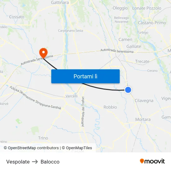 Vespolate to Balocco map