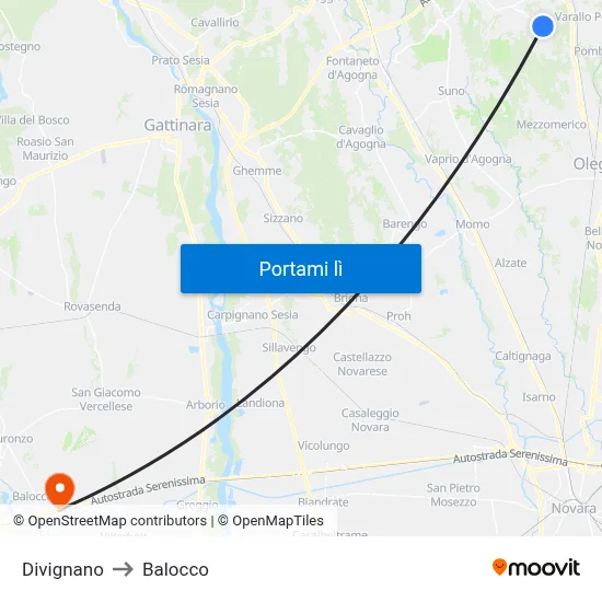 Divignano to Balocco map