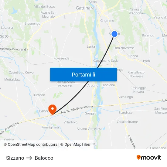 Sizzano to Balocco map