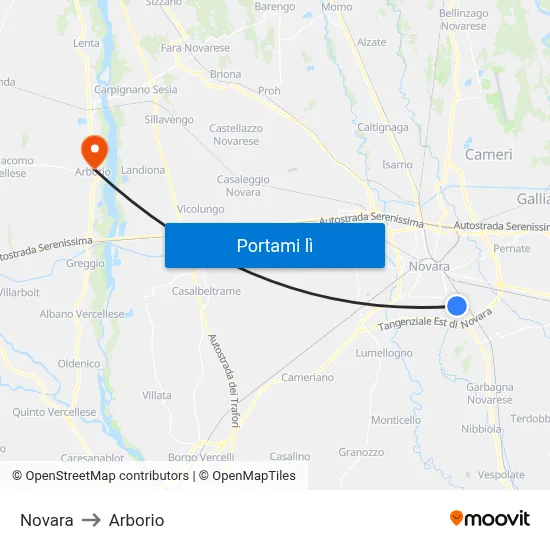 Novara to Arborio map