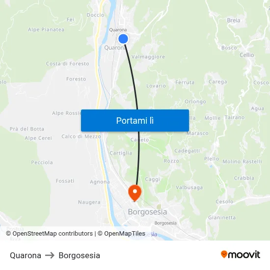 Quarona to Borgosesia map