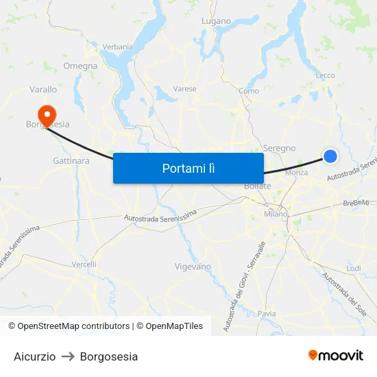 Aicurzio to Borgosesia map