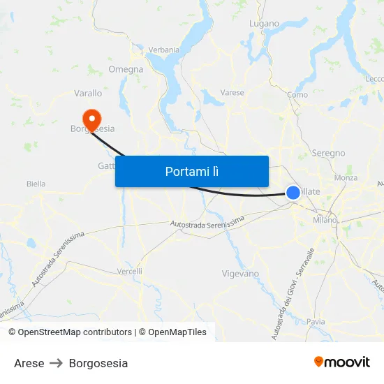 Arese to Borgosesia map