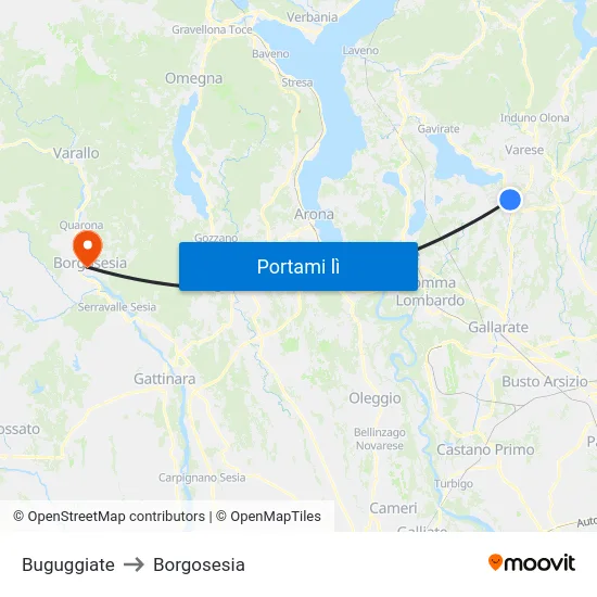 Buguggiate to Borgosesia map