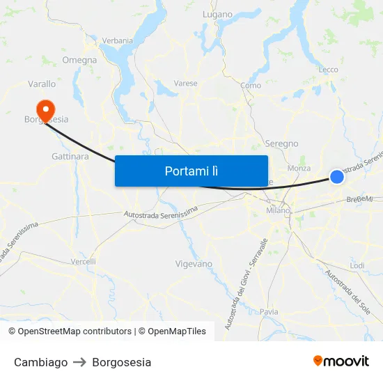 Cambiago to Borgosesia map
