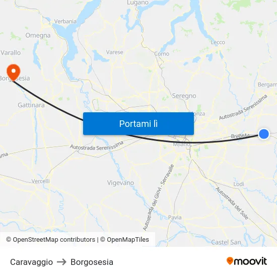 Caravaggio to Borgosesia map