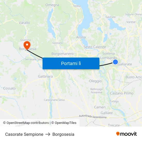 Casorate Sempione to Borgosesia map