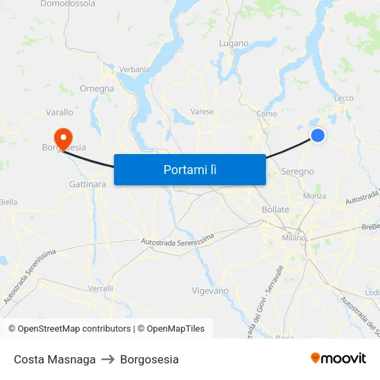 Costa Masnaga to Borgosesia map