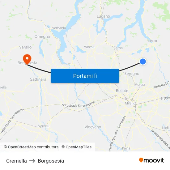 Cremella to Borgosesia map