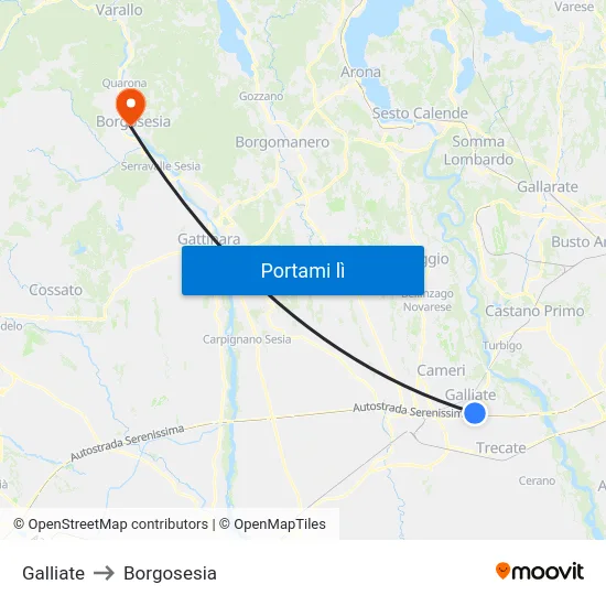 Galliate to Borgosesia map