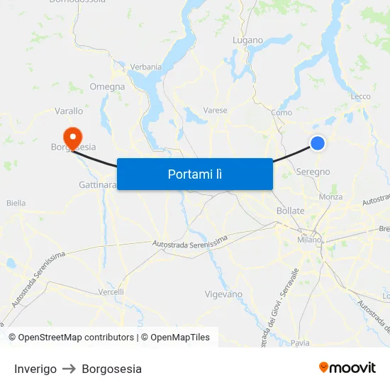 Inverigo to Borgosesia map