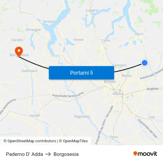 Paderno D' Adda to Borgosesia map