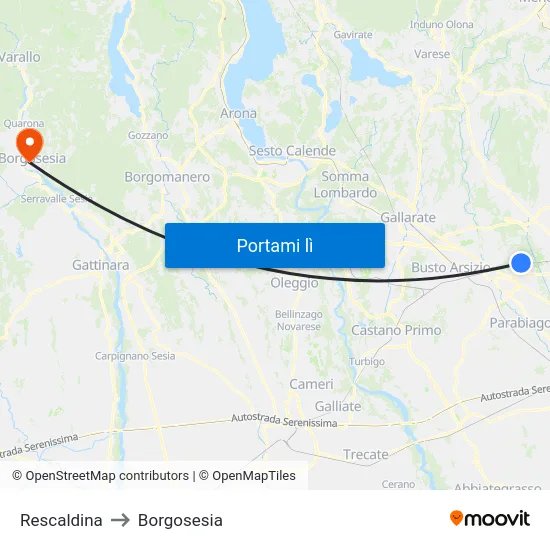 Rescaldina to Borgosesia map