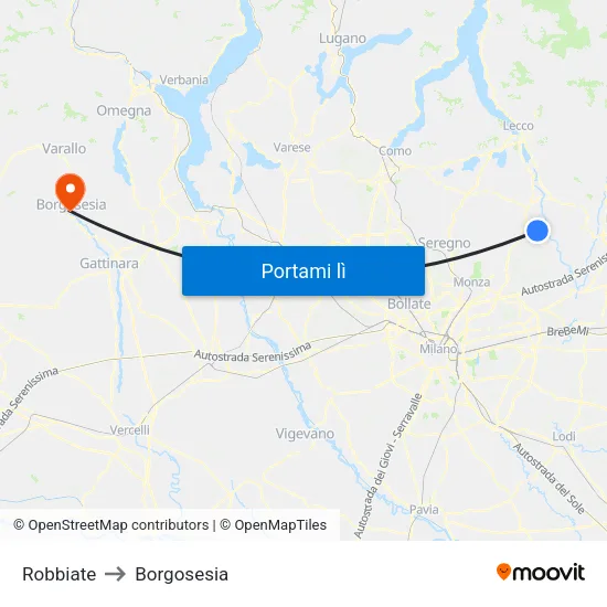 Robbiate to Borgosesia map