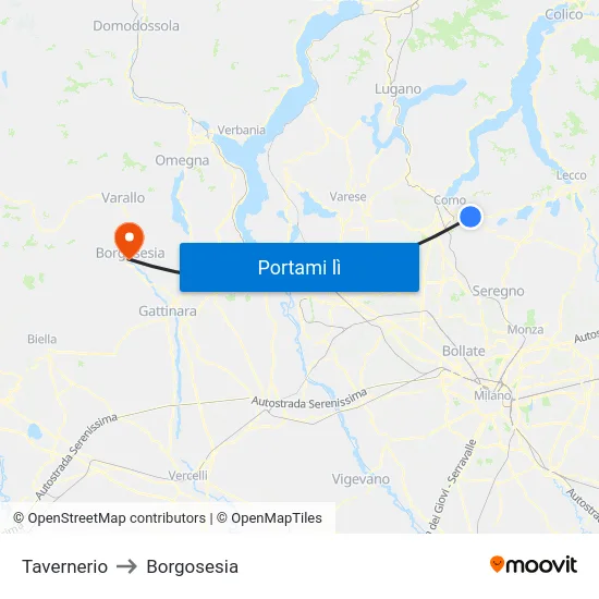 Tavernerio to Borgosesia map
