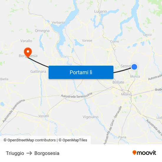 Triuggio to Borgosesia map