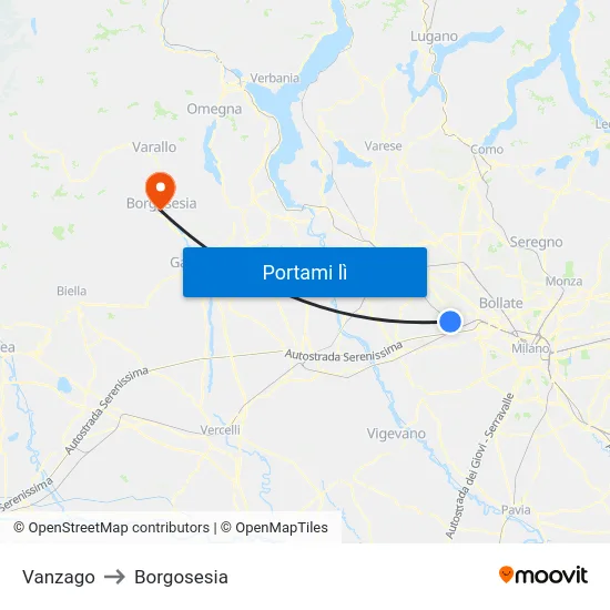 Vanzago to Borgosesia map