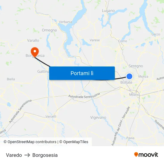 Varedo to Borgosesia map