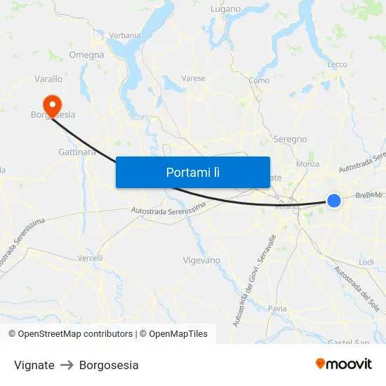 Vignate to Borgosesia map