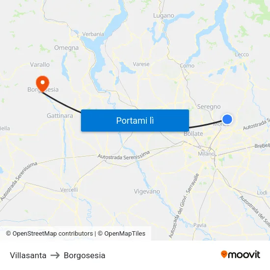 Villasanta to Borgosesia map