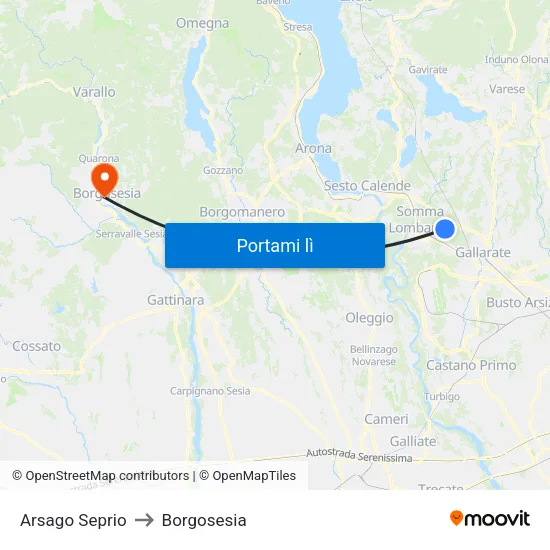 Arsago Seprio to Borgosesia map