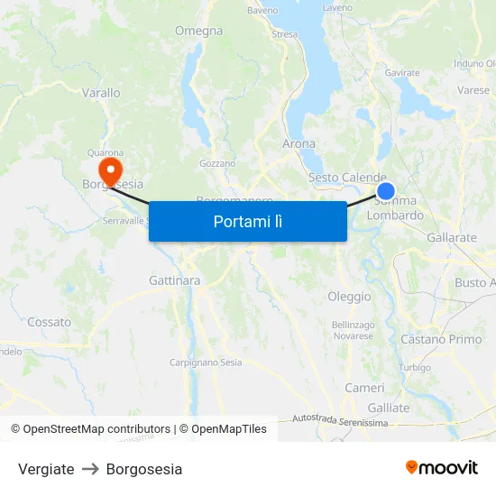 Vergiate to Borgosesia map