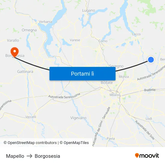 Mapello to Borgosesia map