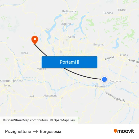 Pizzighettone to Borgosesia map