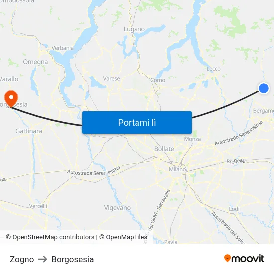 Zogno to Borgosesia map