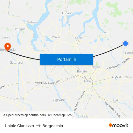 Ubiale Clanezzo to Borgosesia map