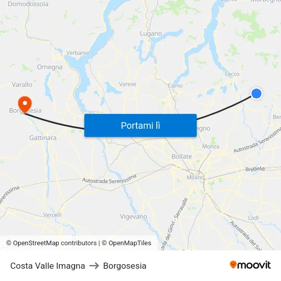 Costa Valle Imagna to Borgosesia map
