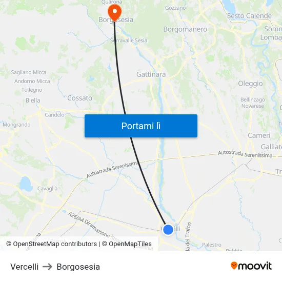 Vercelli to Borgosesia map