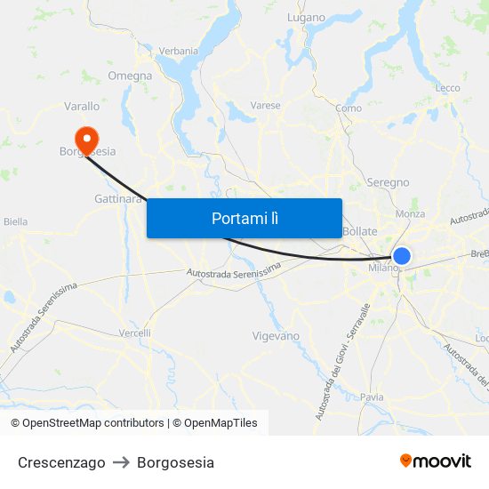 Crescenzago to Borgosesia map