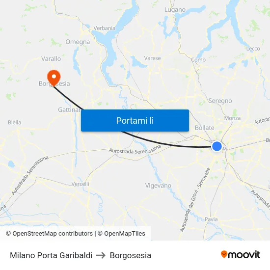 Milano Porta Garibaldi to Borgosesia map