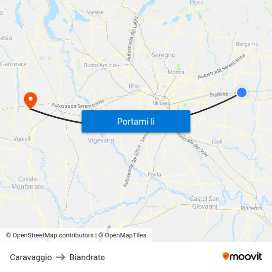 Caravaggio to Biandrate map