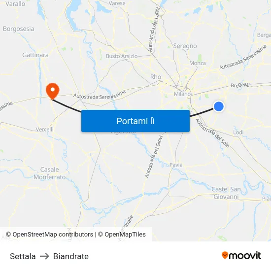 Settala to Biandrate map