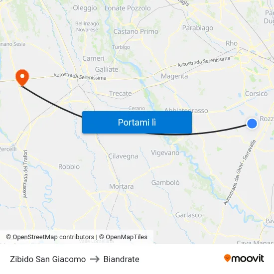 Zibido San Giacomo to Biandrate map