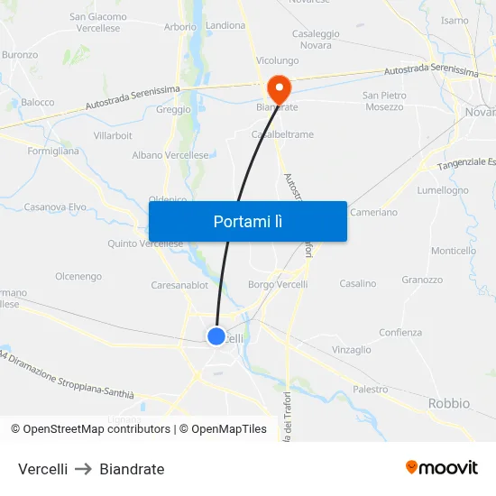 Vercelli to Biandrate map