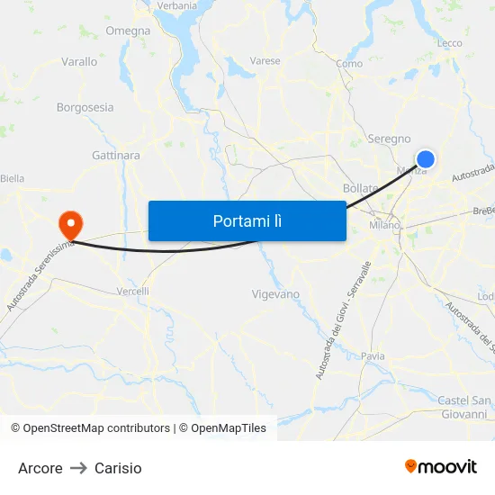 Arcore to Carisio map