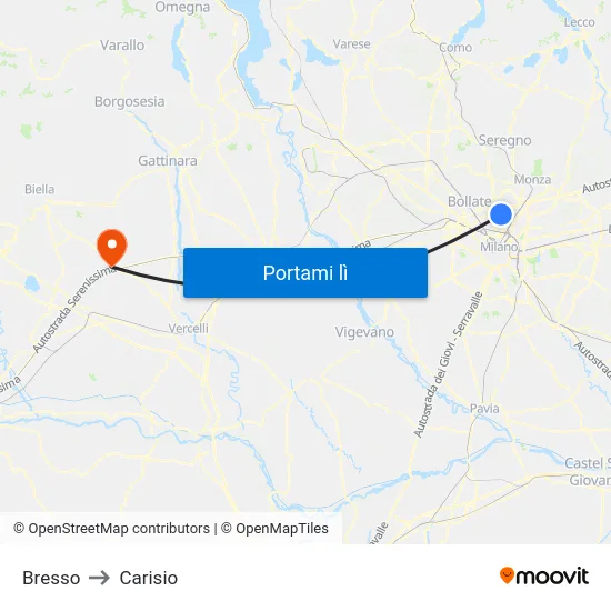Bresso to Carisio map
