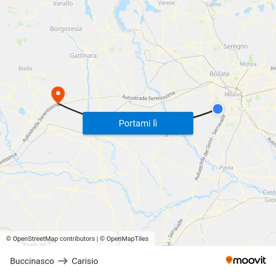 Buccinasco to Carisio map