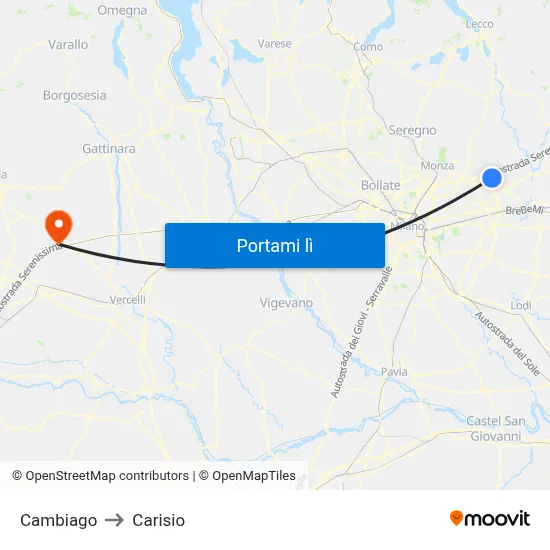 Cambiago to Carisio map