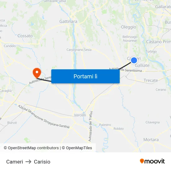 Cameri to Carisio map