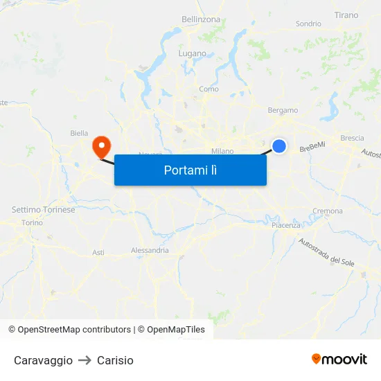Caravaggio to Carisio map
