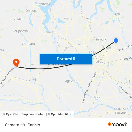 Carnate to Carisio map