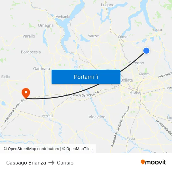 Cassago Brianza to Carisio map