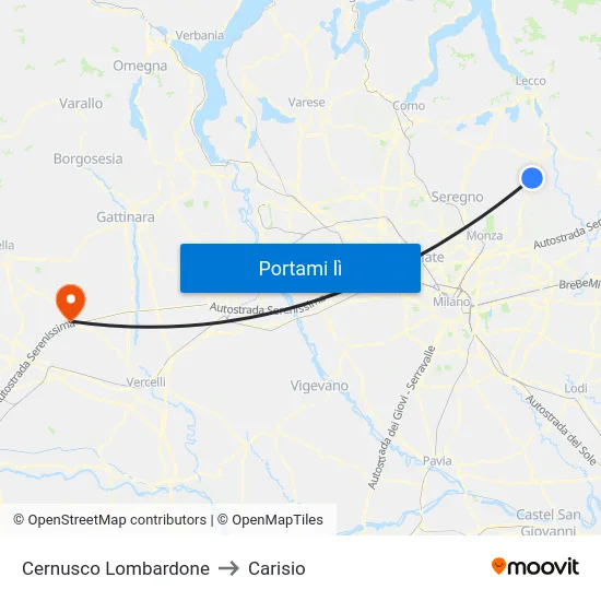 Cernusco Lombardone to Carisio map