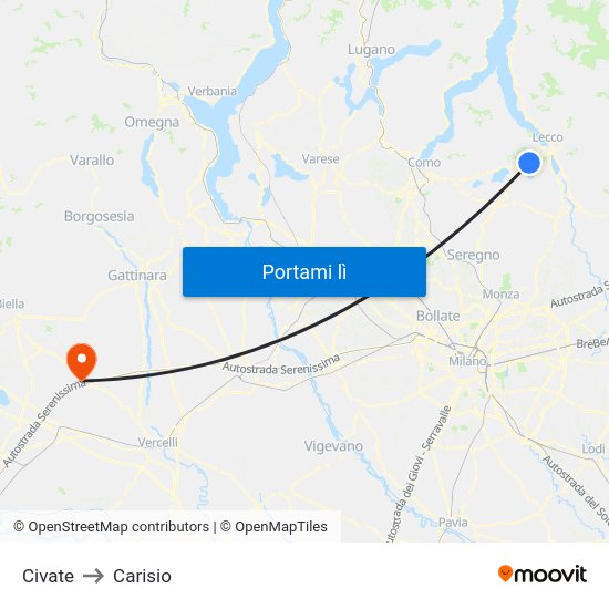 Civate to Carisio map