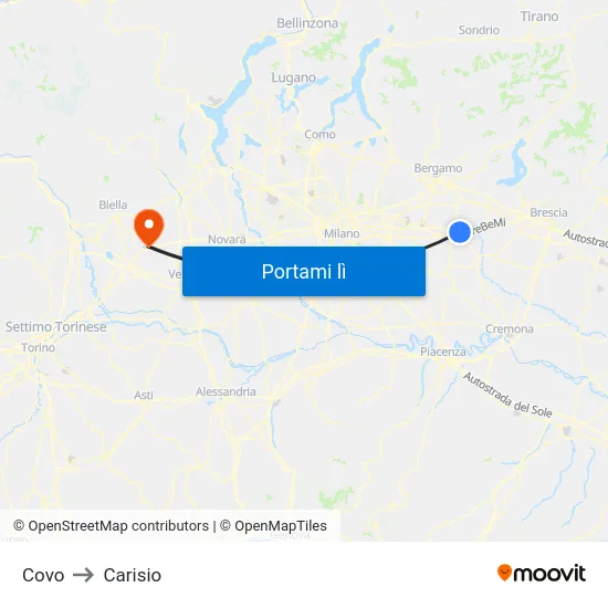 Covo to Carisio map